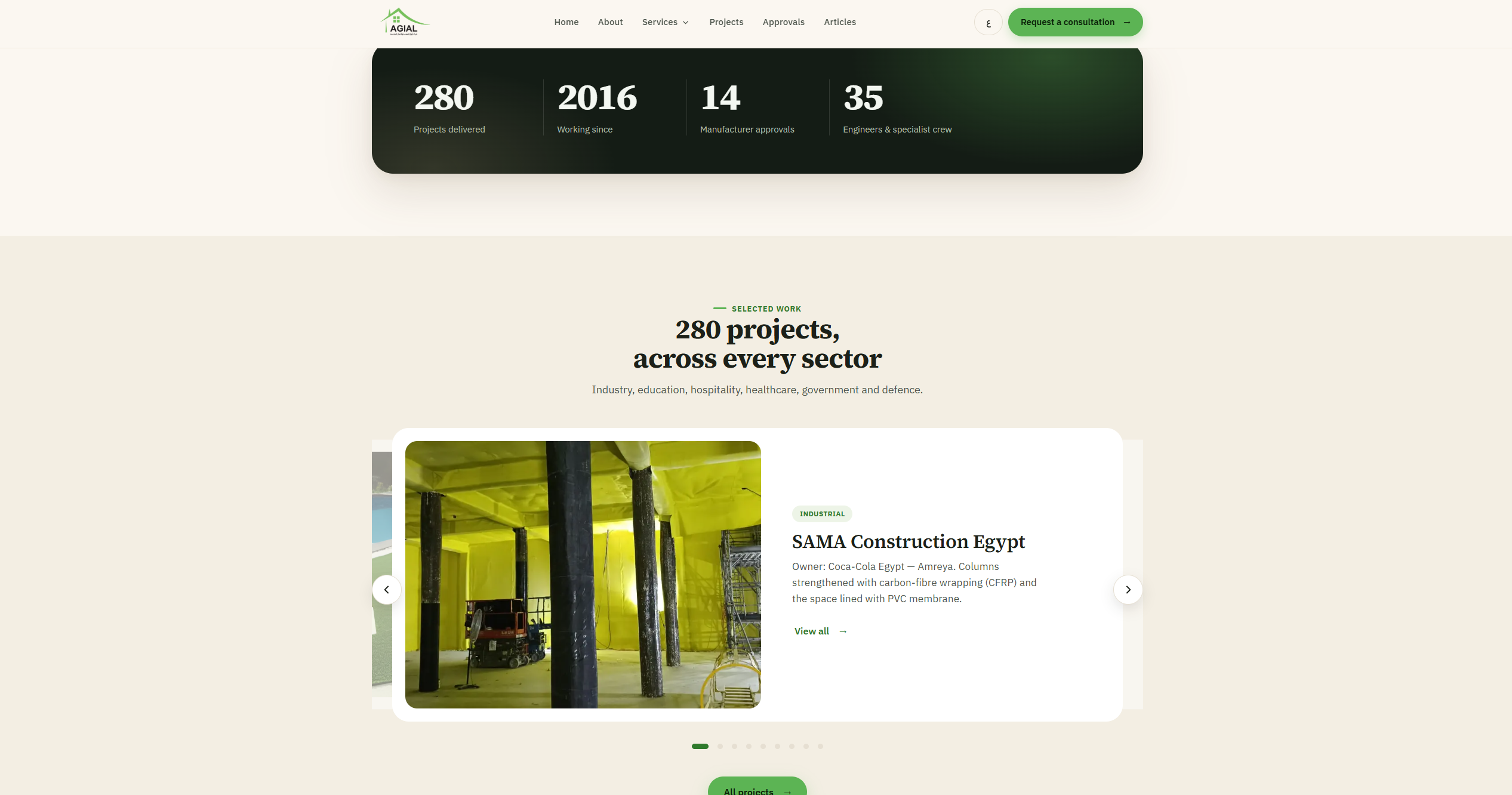 AGIAL - Company figures and a selected-work project carousel