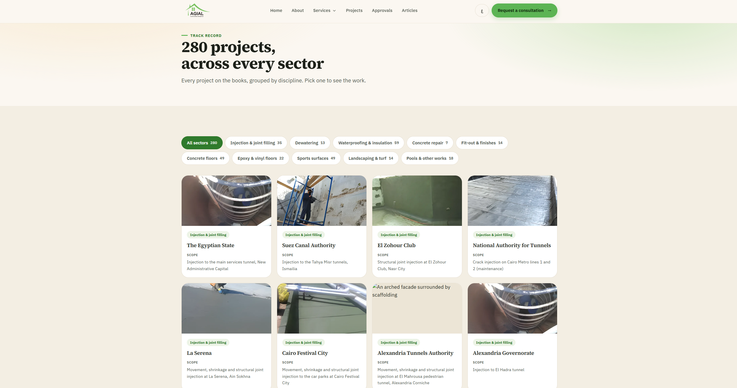 AGIAL - Portfolio of 280 projects, filterable by discipline
