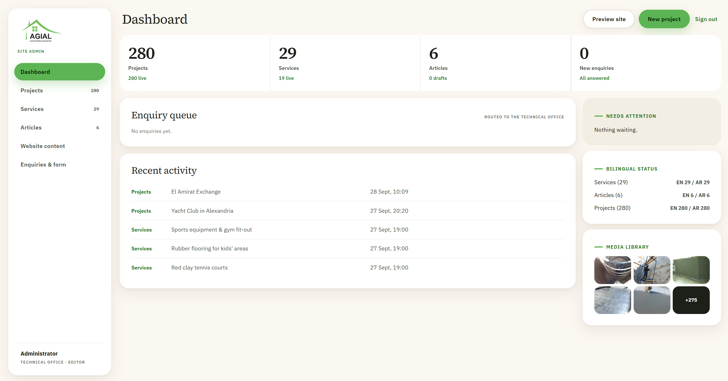 AGIAL - Admin dashboard with content counts, enquiries and bilingual status