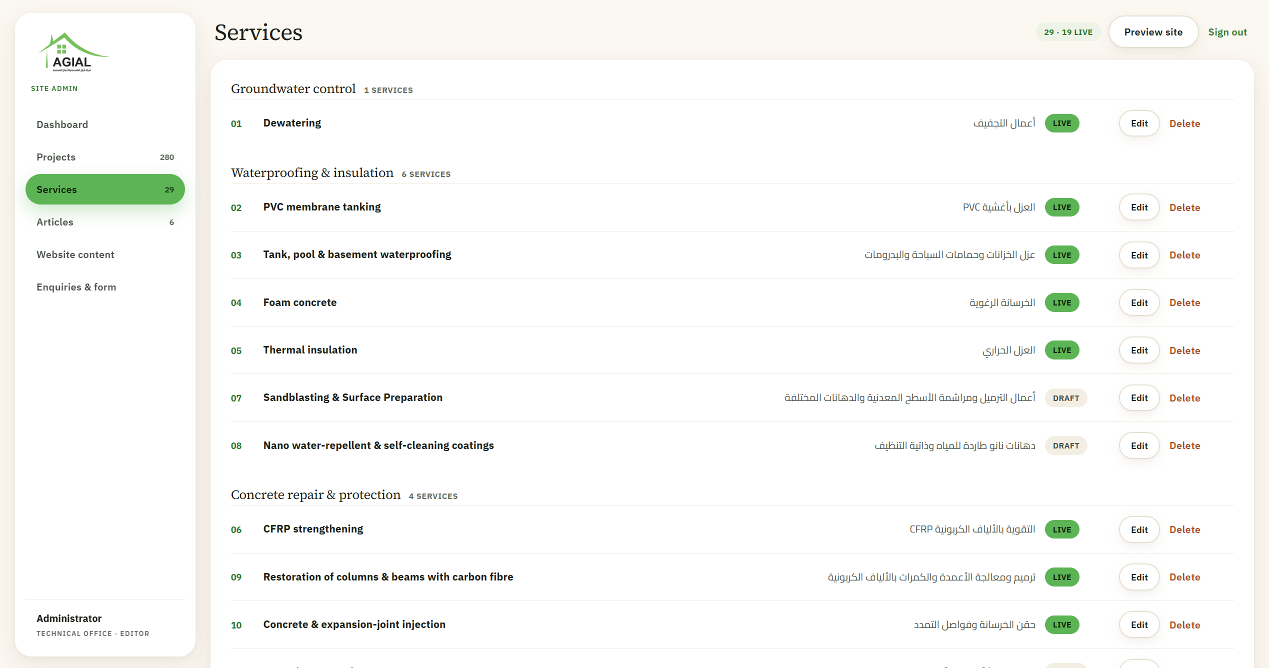 AGIAL - Admin services grouped by discipline, with live and draft status