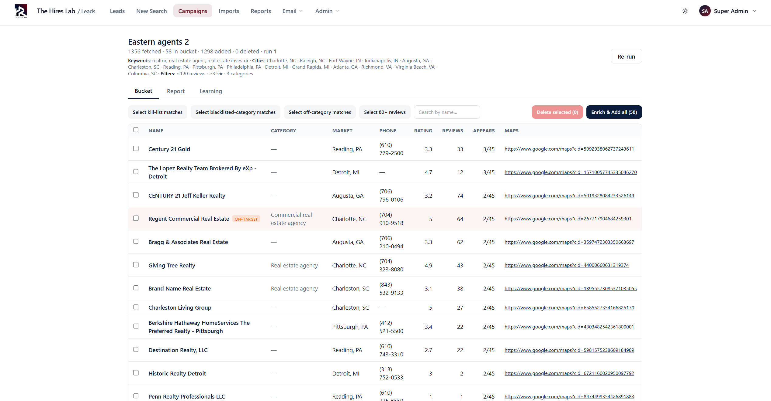 Lead Intelligence Platform - Campaign bucket review before enrichment, with off-target detection