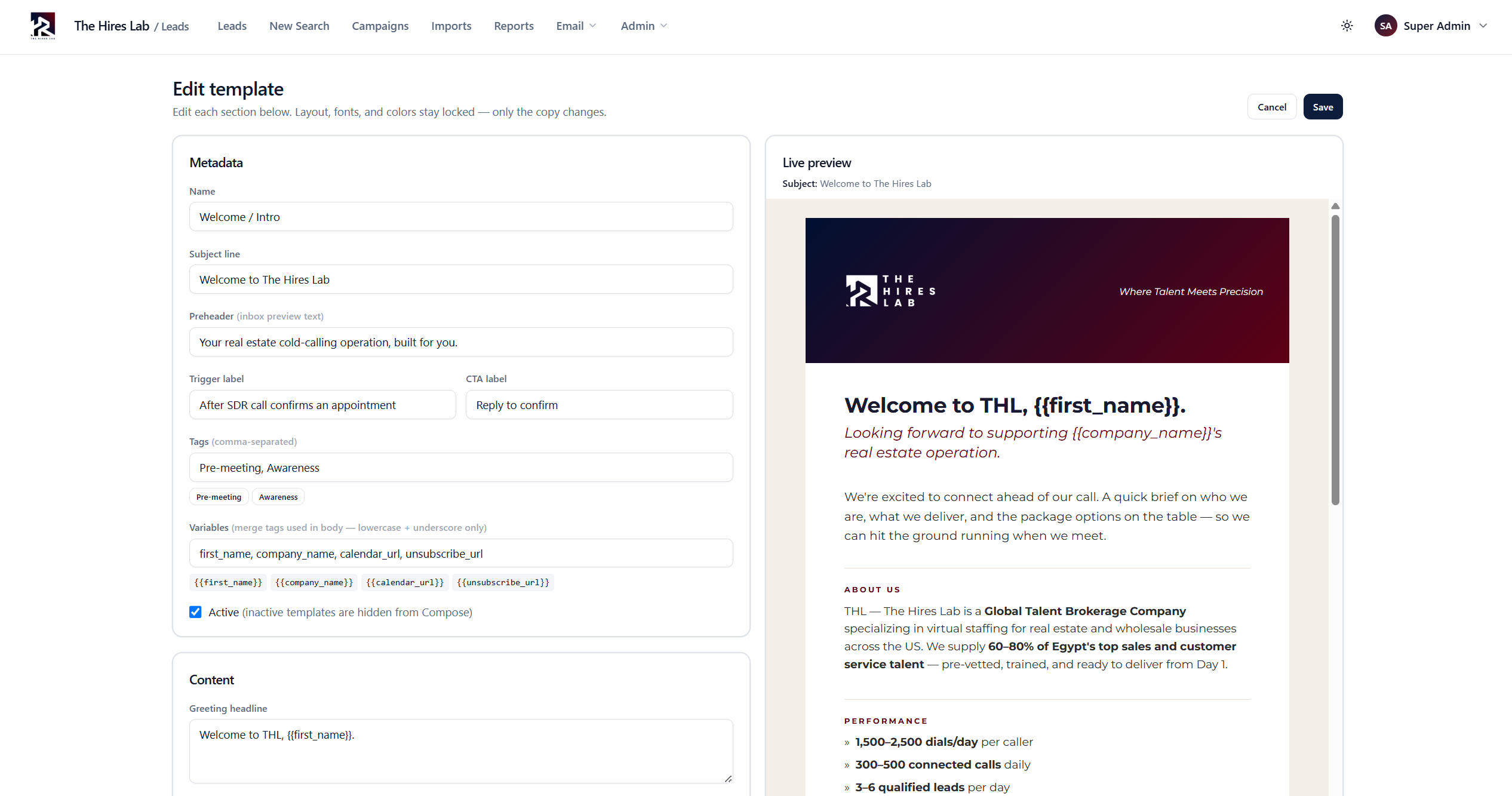 Lead Intelligence Platform - Template editor with merge variables and live preview