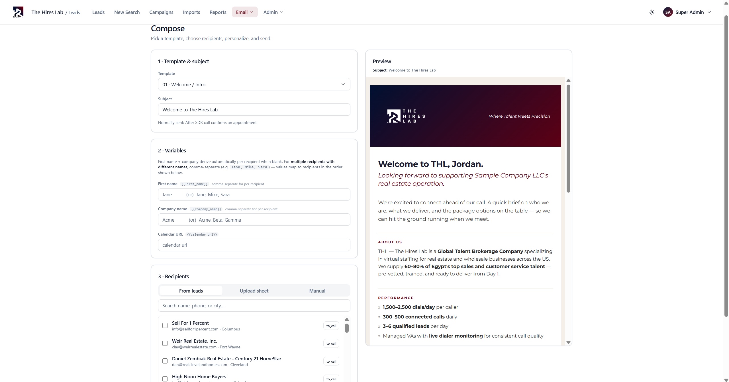 Lead Intelligence Platform - Email composer with per-recipient personalization from leads