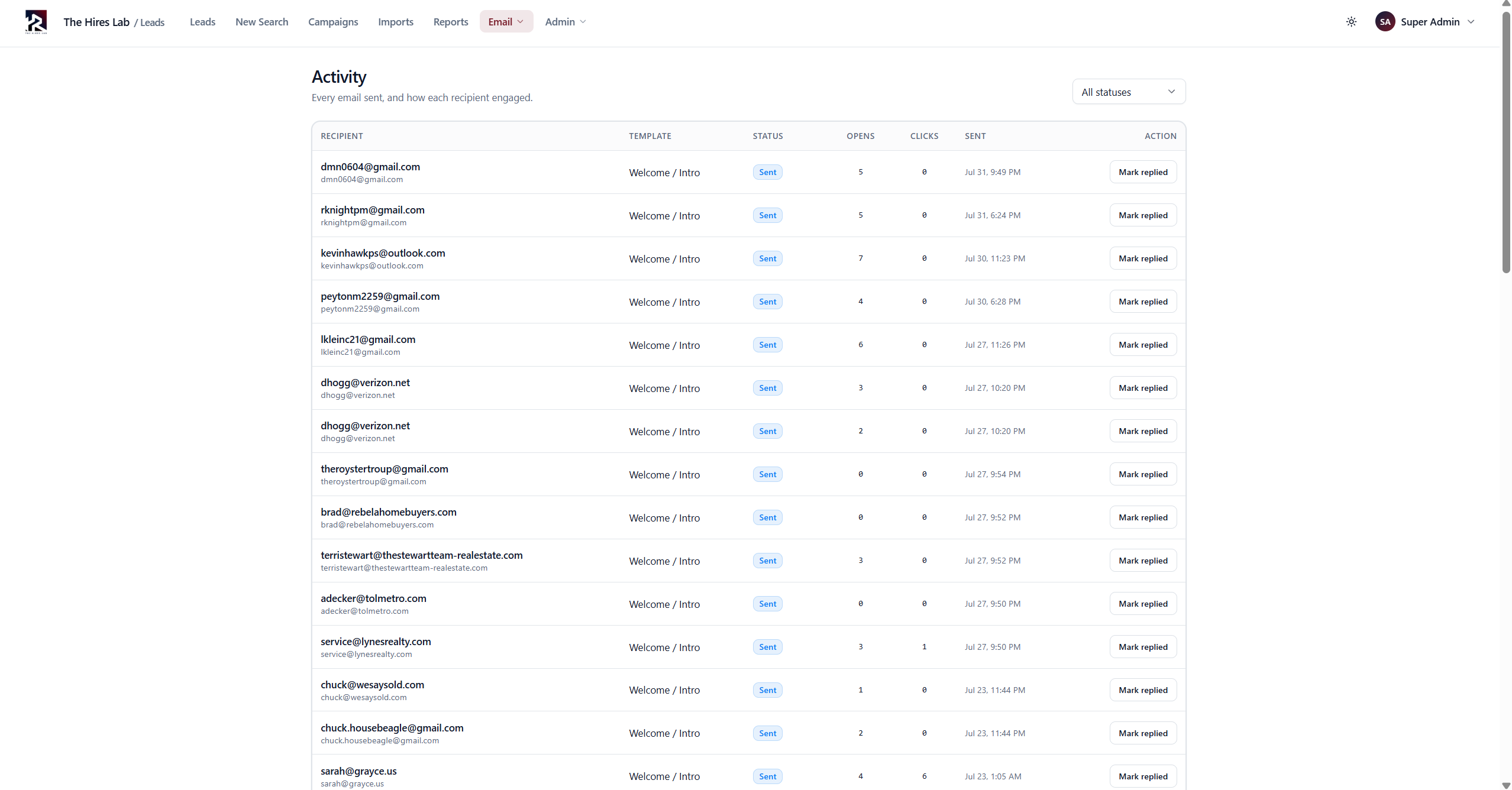 Lead Intelligence Platform - Per-recipient email activity log with open and click counts