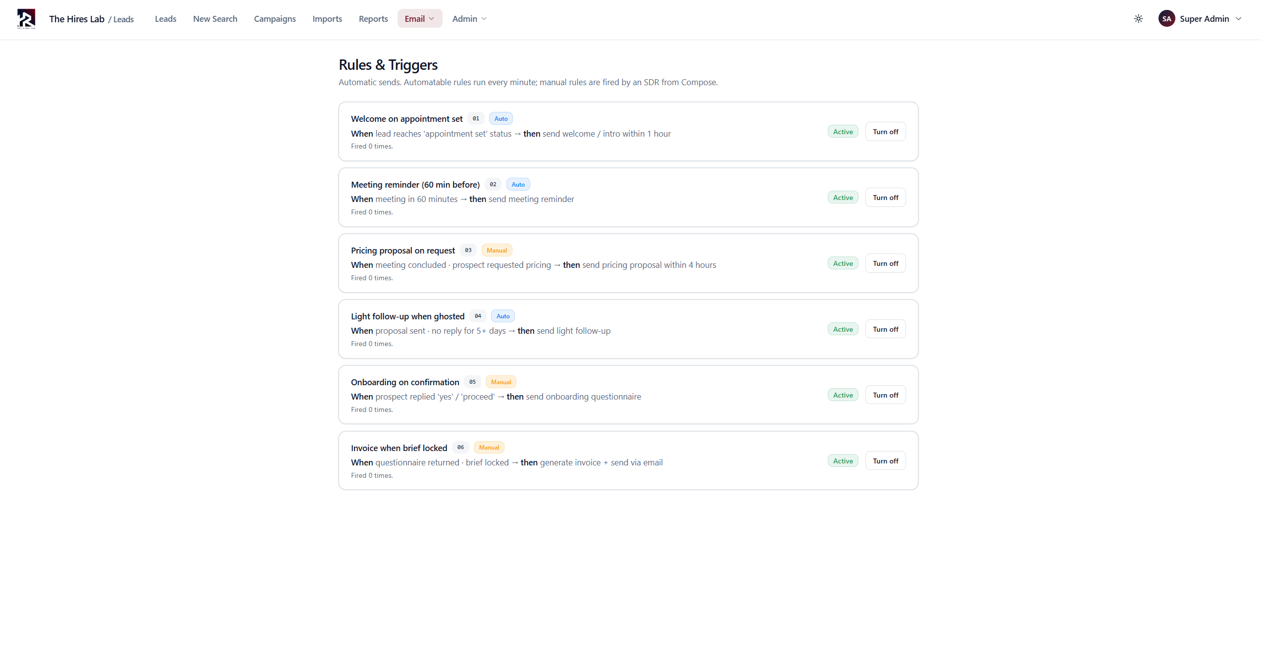 Lead Intelligence Platform - Trigger-based email automation rules