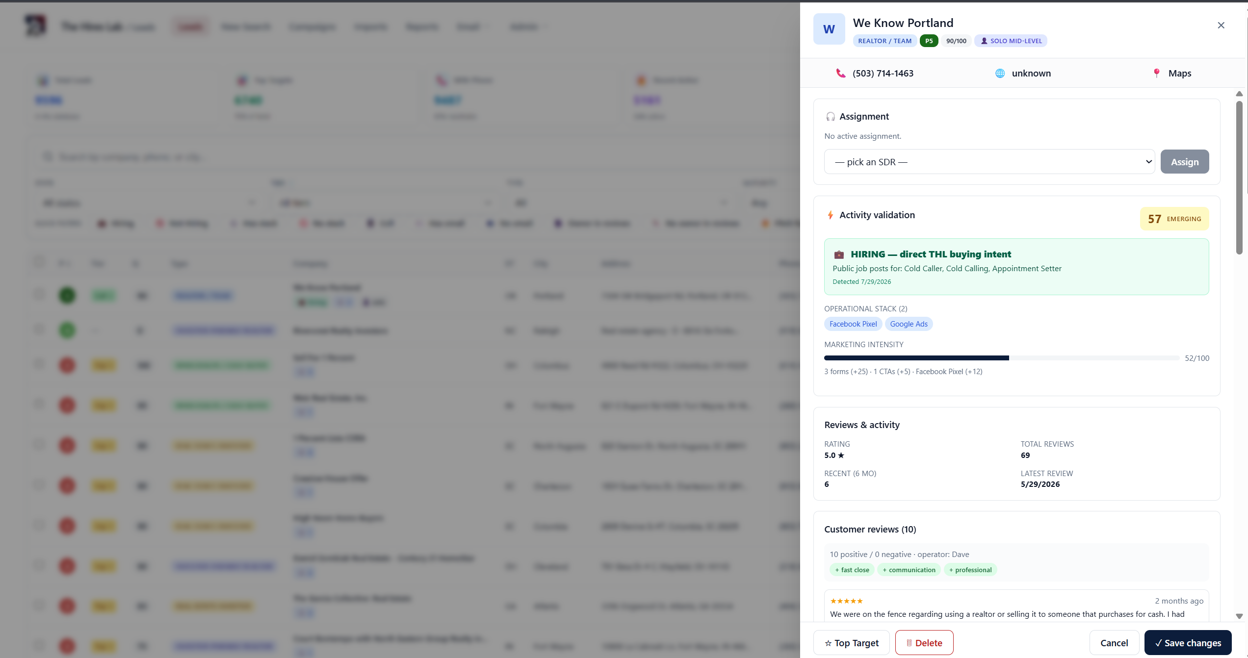Lead Intelligence Platform - Lead drawer showing activity validation, hiring signals, and operational tech stack