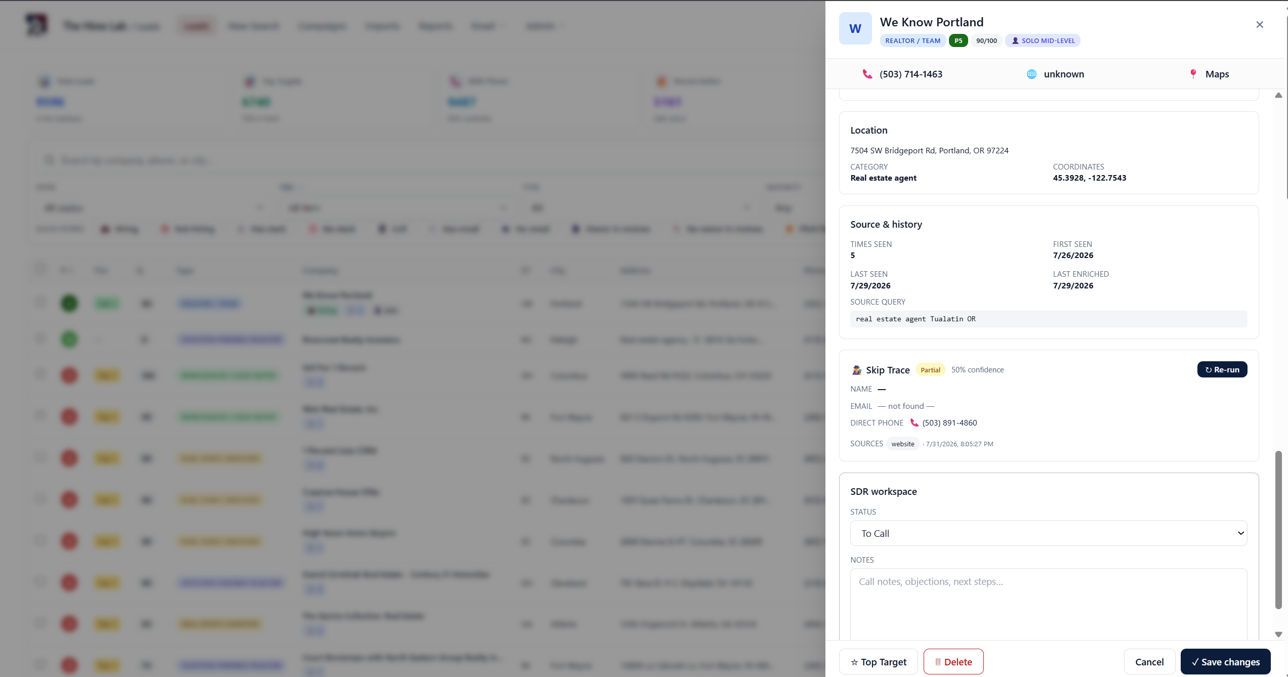 Lead Intelligence Platform - Source history, skip-trace results, and SDR workspace