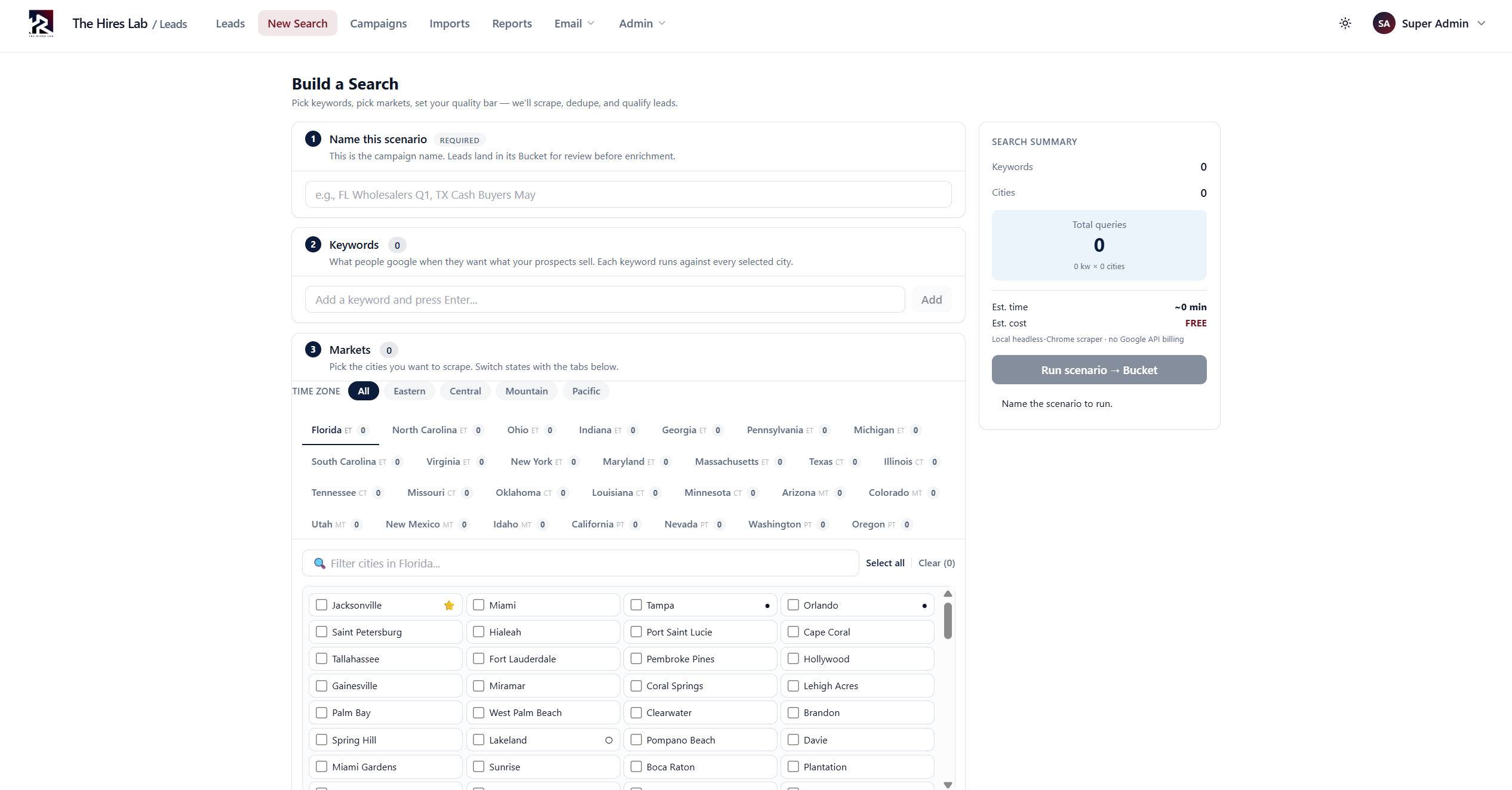 Lead Intelligence Platform - Search builder with keywords and timezone-grouped US market selection